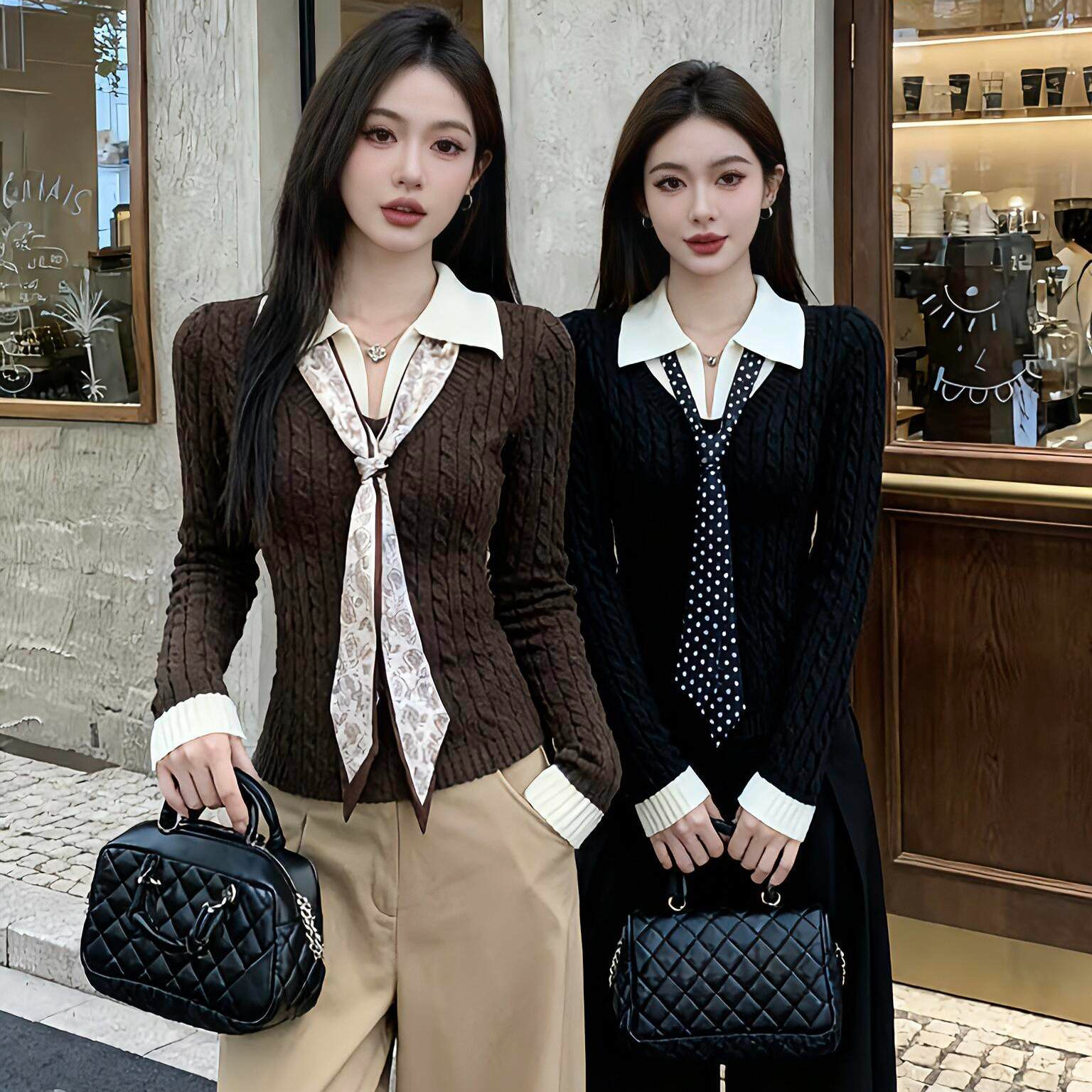 法式撞色翻领麻花假两件毛衣女2026春季设计感气质针织衫上衣新款,女装/女士精品,毛针织衫,淘宝优惠券,粉丝福利购,淘宝优惠卷