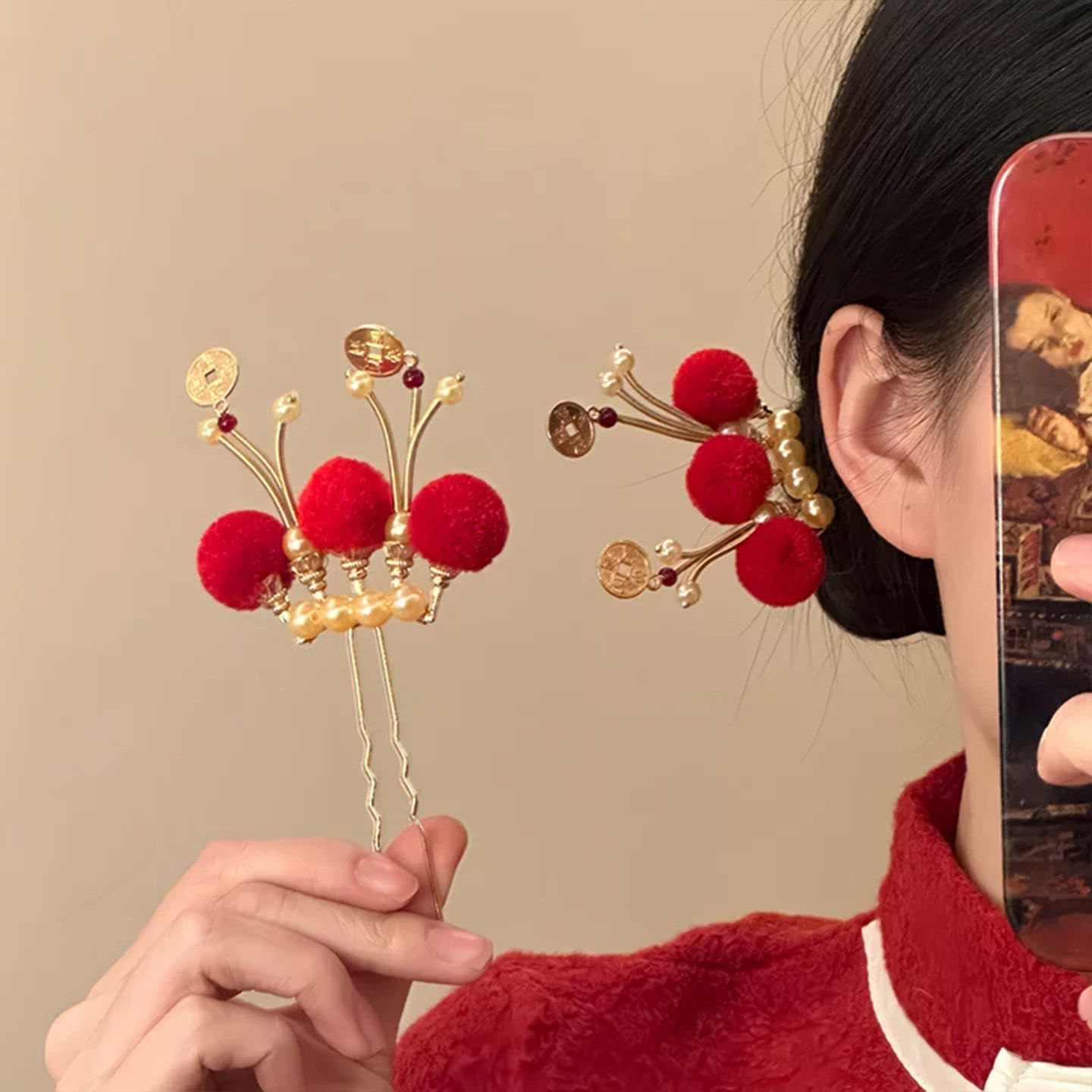 山沐手作「丹华富贵」新年红色毛球发簪女可爱喜庆发饰新中式头饰,饰品/流行首饰/时尚饰品新,发饰,淘宝优惠券,粉丝福利购,淘宝优惠卷
