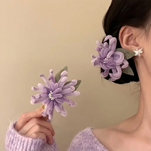 山沐手作「紫绒花眠」新中式紫色菊花朵发夹女鸭嘴夹旗袍配饰发饰