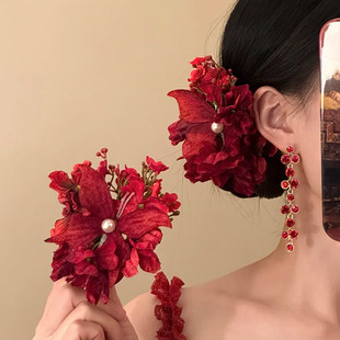 山沐手作「红棠蝶梦」新中式红色蝴蝶花朵发夹古风发饰女头饰头花