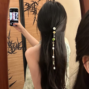 山沐手作「萃钰沾香」新中式复古花朵流苏发夹边夹发卡后脑勺发饰