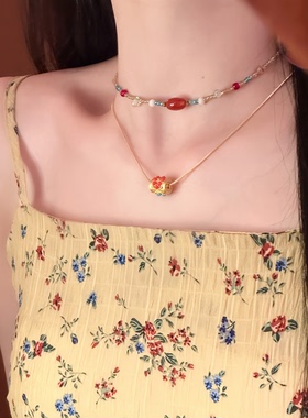 异域美人~民族风敦煌彩色串珠项链女新中式高级感叠戴颈链锁骨链
