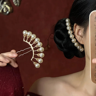 山沐手作「珠扇雅韵」新中式国风珍珠发簪女古风发钗旗袍头饰发饰