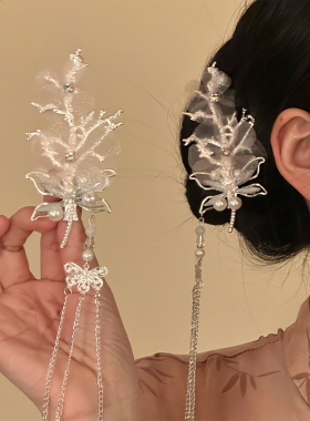 山沐手作「花栖寒枝」古风花朵流苏发夹新中式头饰侧边夹汉服发饰