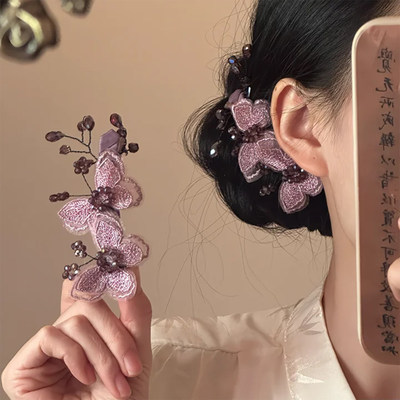 山沐手作「紫末蝶影」超仙紫色蝴蝶发夹女边夹新中式头饰古风发饰