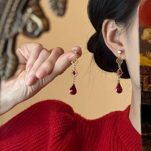 山沐手作「半落点红」古风红色水滴流苏耳钉女新年耳环新中式耳饰