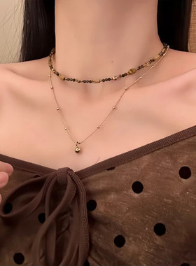 山沐手作「暮色沙丘」复古咖色串珠双层叠戴项链女小众颈链锁骨链