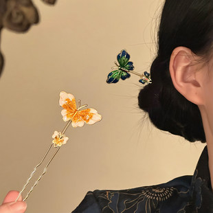 山沐手作「蝶栖青丝」超仙古风蝴蝶u型发簪新中式头饰发钗发饰女