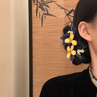 山沐手作「黛山花颜」非遗绒花黄色花朵发夹头花新娘头饰古风发饰