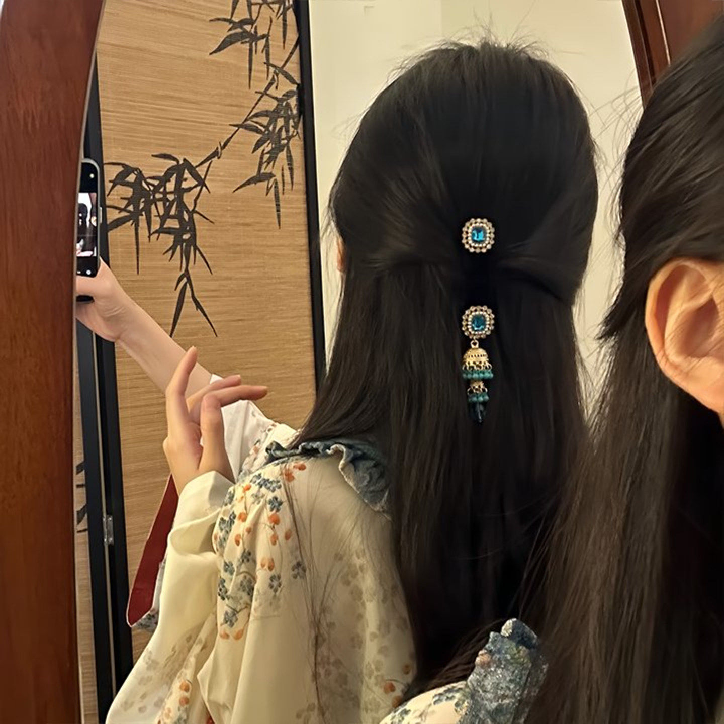 山沐手作「古典韵味」新中式蓝色流苏发夹女绝美边夹刘海发卡发饰