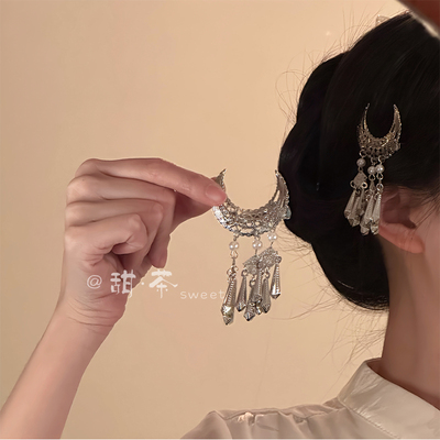 民族风银色月亮流苏侧边刘海夹