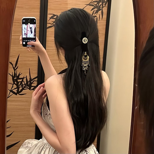 山沐手作「古韵今译」复古民族风发夹女后脑勺黑金流苏侧边夹发饰