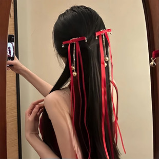 山沐手作「绫罗沾裳」新年红色蝴蝶结发夹女飘带头饰发卡过年发饰