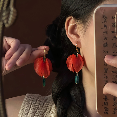 山沐手作「红棠醉日」新中式复古红色花朵耳环女古风旗袍耳钉耳饰