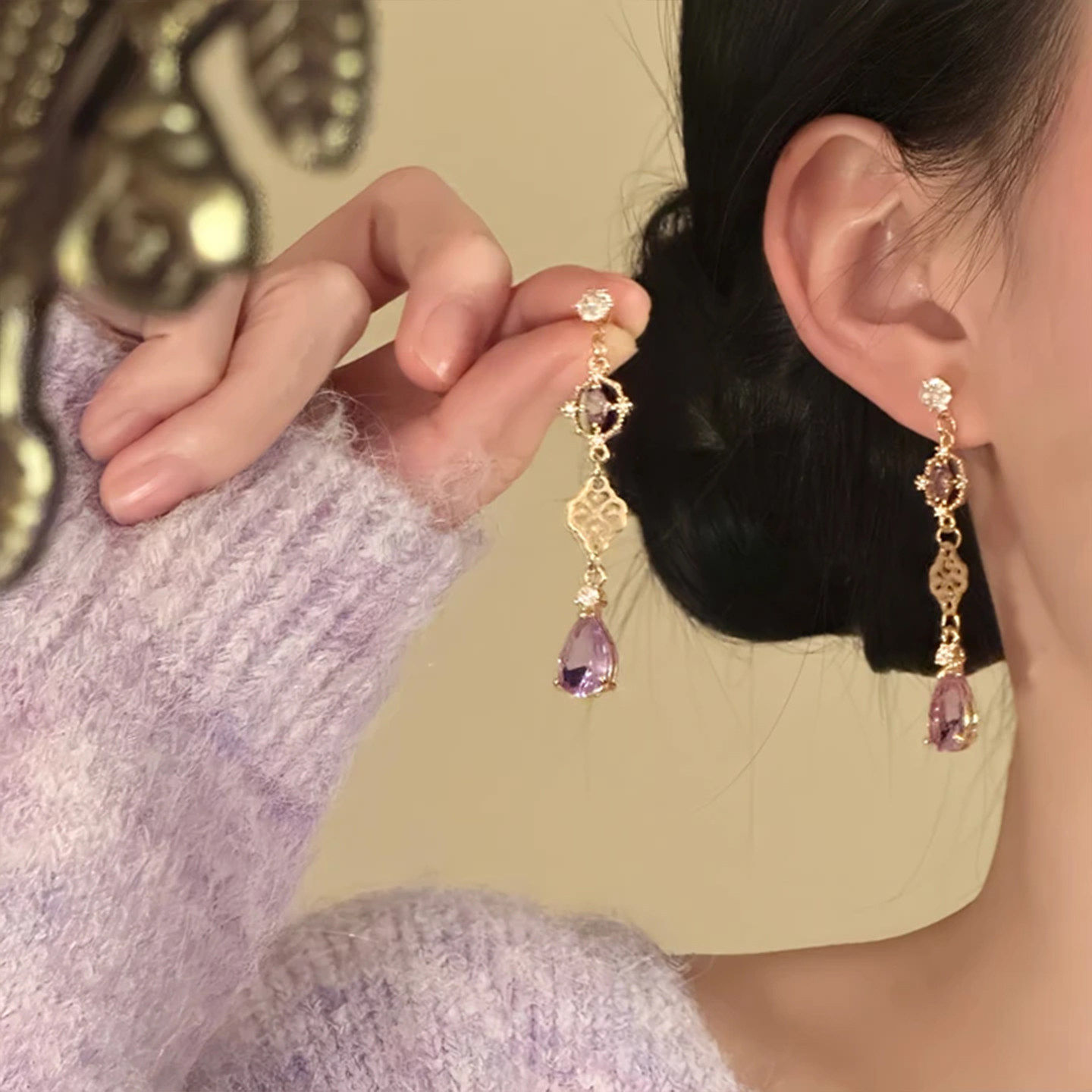 山沐手作「紫玉生烟」新中式紫色水晶流苏耳钉女2025超火耳环耳饰,饰品/流行首饰/时尚饰品新,耳环,淘宝优惠券,粉丝福利购,淘宝优惠卷