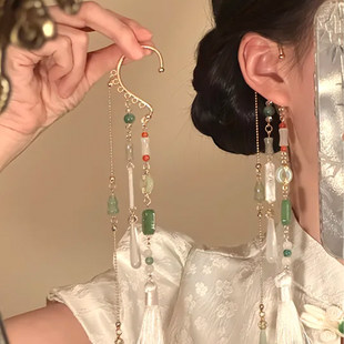 山沐手作「碧玉生烟」新中式长流苏耳挂女古风汉服配饰无耳洞耳饰