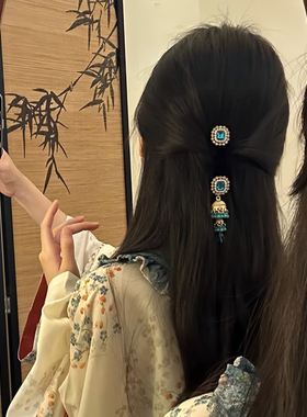 山沐手作「古典韵味」新中式蓝色流苏发夹女绝美边夹刘海发卡发饰