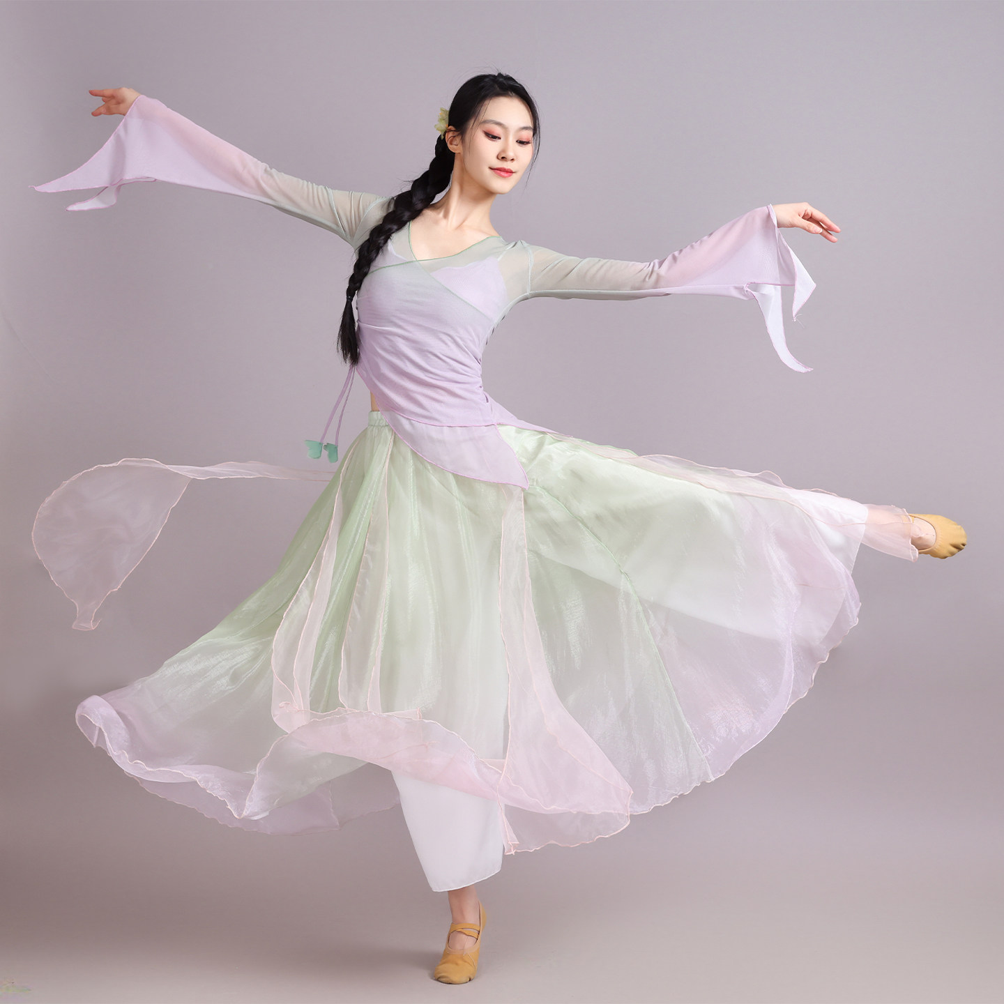 中国风古典舞蹈服女紫绿渐变身韵纱衣飘逸仙气大裙摆演出服练功服
