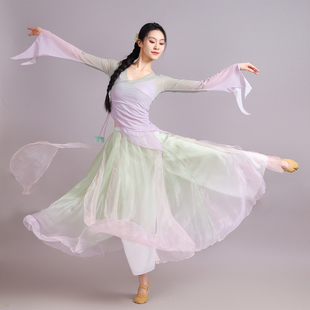 中国风古典舞蹈服女紫绿渐变身韵纱衣飘逸仙气大裙摆演出服练功服