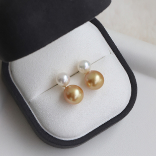 天然无调色akoya南洋金珠浓金水滴海水珍珠双用两戴款双色耳钉