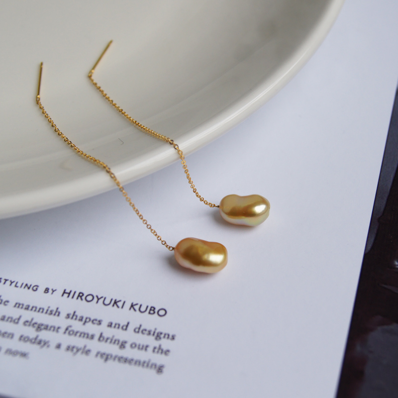 天然海水野生无核keshi珍珠金珠耳线18k黄金长款异形浓金耳坠耳饰