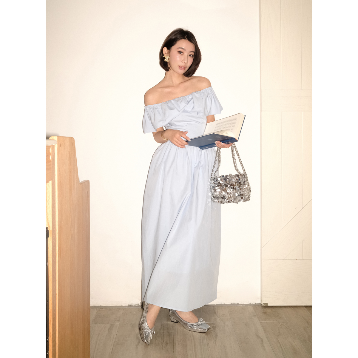 Call me Blue夏季新款法式仙女高级感一字肩连衣裙