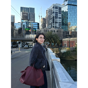 Call me Blue蓬松卷毛感马海毛卷毛花纱毛呢短款大衣外套