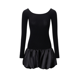 高级时髦感一字领拼接花苞长袖 Blue 芭蕾连衣裙 Call