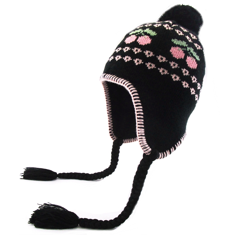 NOABAT冬季女童粉樱桃毛线护耳帽