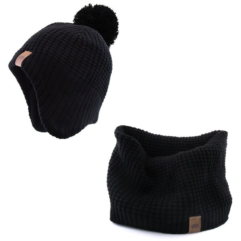 NOABAT儿童秋冬帽子围巾两件套针织玉米粒保暖潮款球球毛线护耳帽