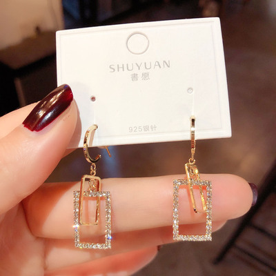 日韩银针锆石几何方框耳环女