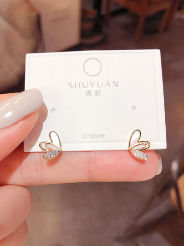 韩版银针锆石母贝爱心耳环女