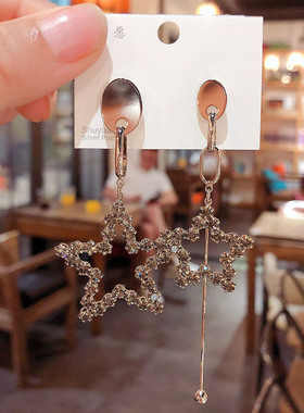 高级感大气复古灰色水钻五星流苏耳环2024年新款潮网红气质耳饰女