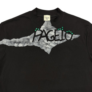 PAGE10自主手绘撕开裂痕字母手缝绿松石莫代尔棉小高领短袖 T恤