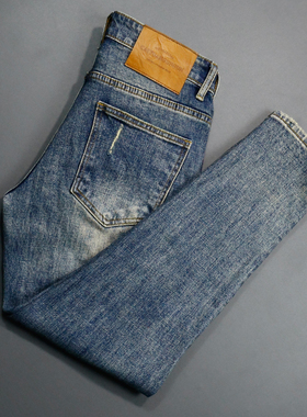 九分牛仔裤男士韩版新款复古蓝色潮流猫须补丁做旧弹力修身小脚裤