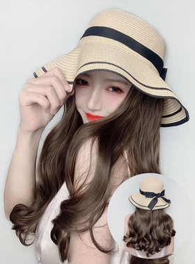 假发帽子一体女时尚夏季长卷发可拆卸太阳帽网红潮流百搭全头套新