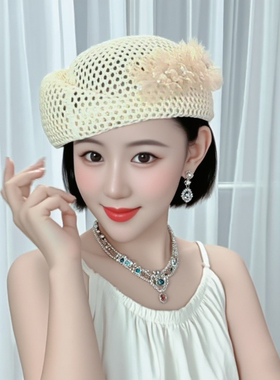 夏季镂空串花空姐帽女帽时尚韩版女士个性甜美优雅贝雷帽网红帽子
