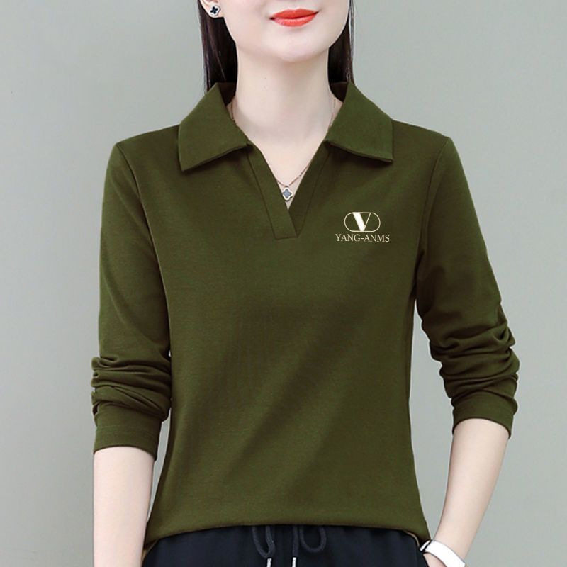 纯色翻领t恤女内搭春秋女装年新款polo领妈妈长袖外穿打底衫上衣