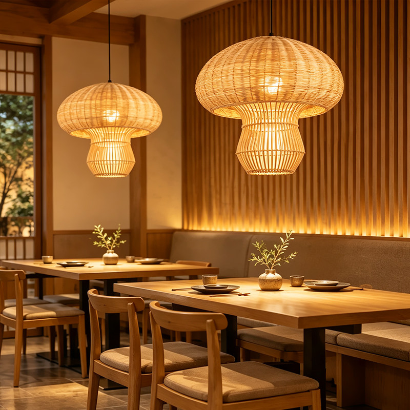 日式藤编水母造型吊灯茶餐厅装饰