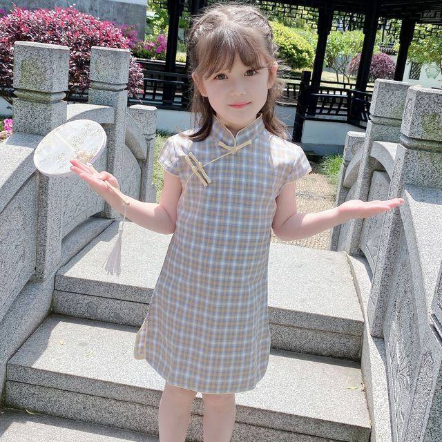 女童旗袍夏新款复古民族风新中式汉服儿童唐装格子连衣裙纯棉改良