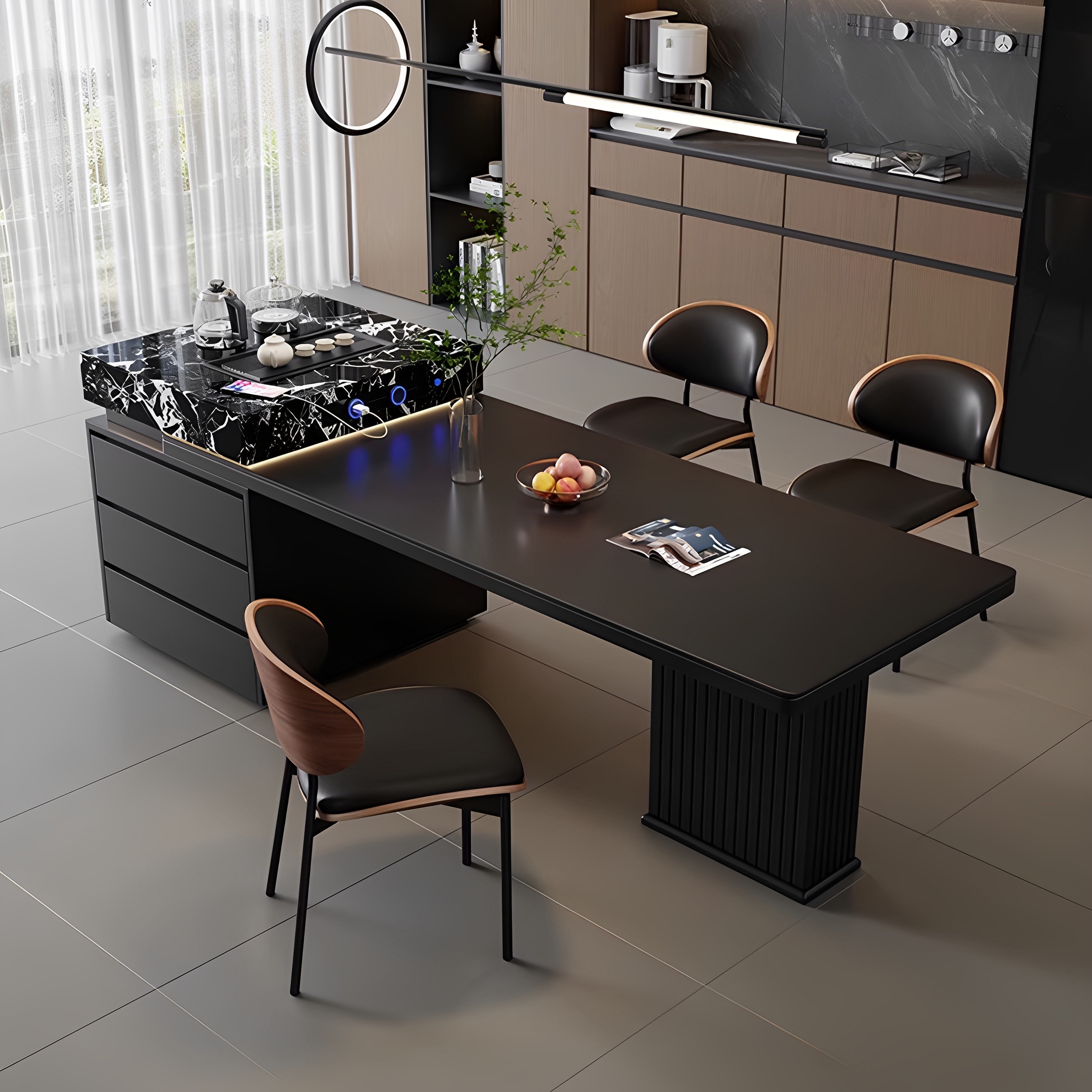 意式岩板岛台餐桌一体可伸缩中岛台小户型家用吧台桌轻奢客厅饭桌