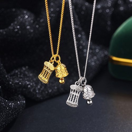 新中式珠宝999纯银镀金平安喜乐算盘项链女复古高级感轻奢锁骨链