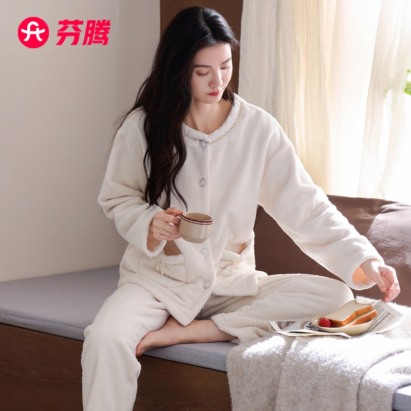 芬腾珊瑚绒女士睡衣秋冬加绒加厚保暖法兰绒加大码家居服套装冬季
