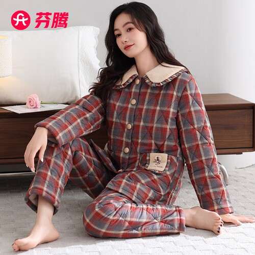 芬腾【巨保暖】睡衣女冬季三层加厚加绒梭织纯棉夹棉珊瑚绒家居服