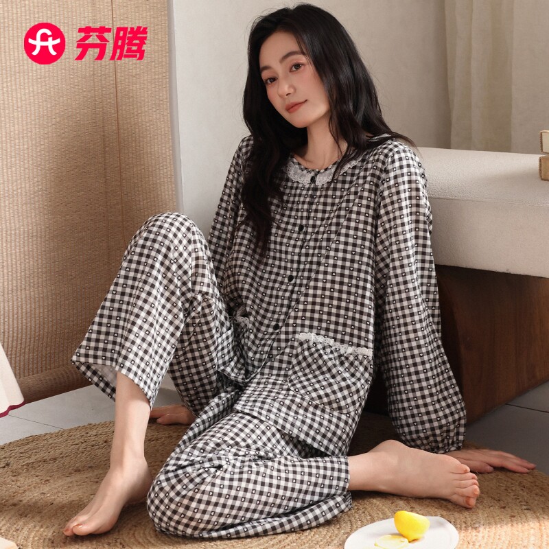 芬腾梭织棉纱布睡衣女春秋款纯棉长袖薄款中年妈妈可外穿家居服