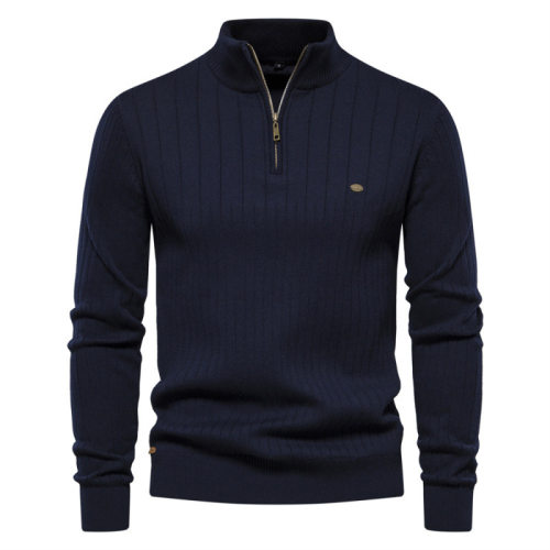 Winter collar men sweater half zip solid color knit sweater
