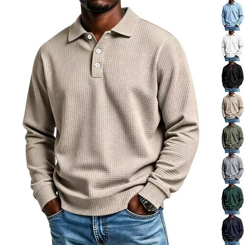 Solid color loose long sleeved polo shirt men casual T-shirt
