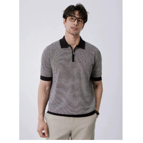 Men's striped zipper knitted polo shirt business casual top