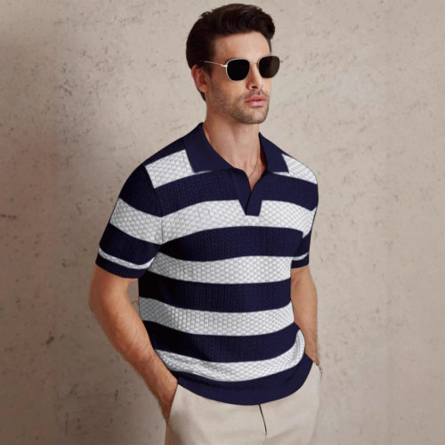 Striped knitted short sleeved polo shirt for men casual top