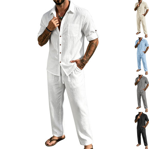 Men's casual vacation linen single breasted shirt+pants set